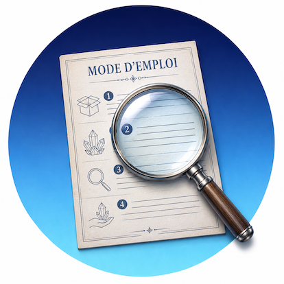 Loupe posée sur un document mode d'emploi illustré